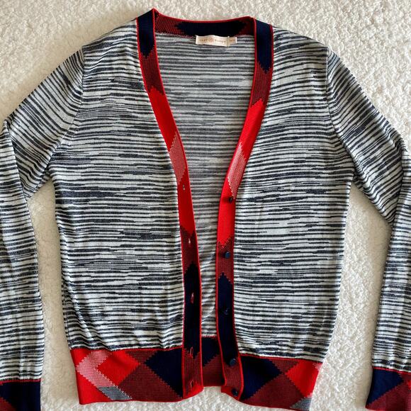 Tory Burch Cardigan Sweater XS Arielle Red Navy Argyle Trim Lightweight Knit - Picture 1 of 5